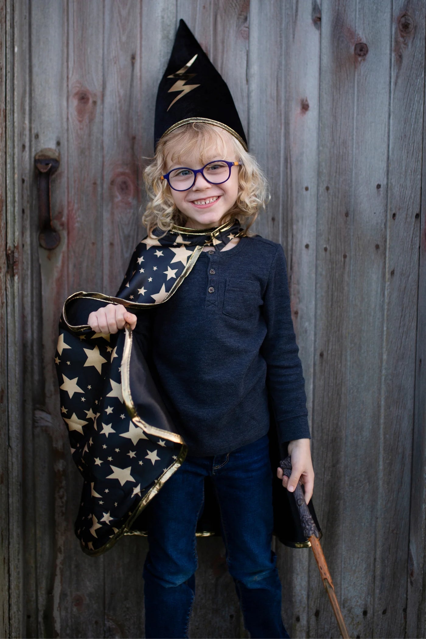 Reversible Wizard Cape & Hat, Black/Gold, Size 4-6