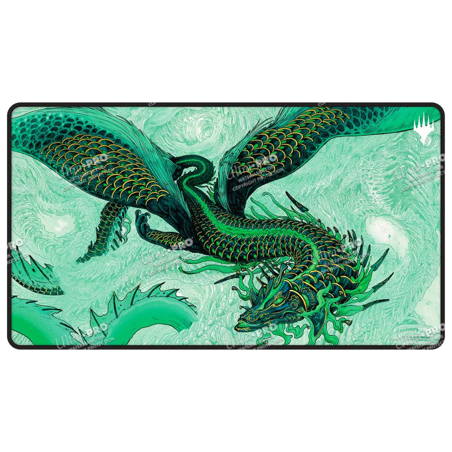 Tarkir Dragonstorm Teval, Arbiter of Virtue Black Stitched Playmat for Magic: The Gathering