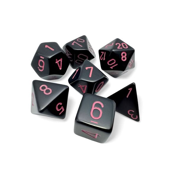 Dice: 7 pc: Opaque: Black/Pink