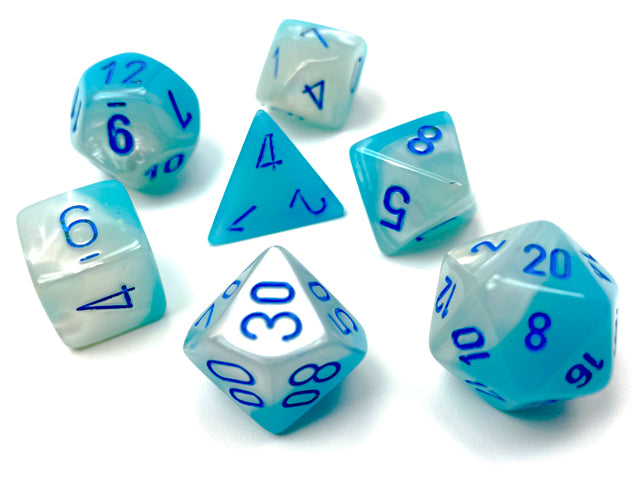 Gemini: 7Pc Polyhedral Pearl Turquoise-White / Blue Luminary